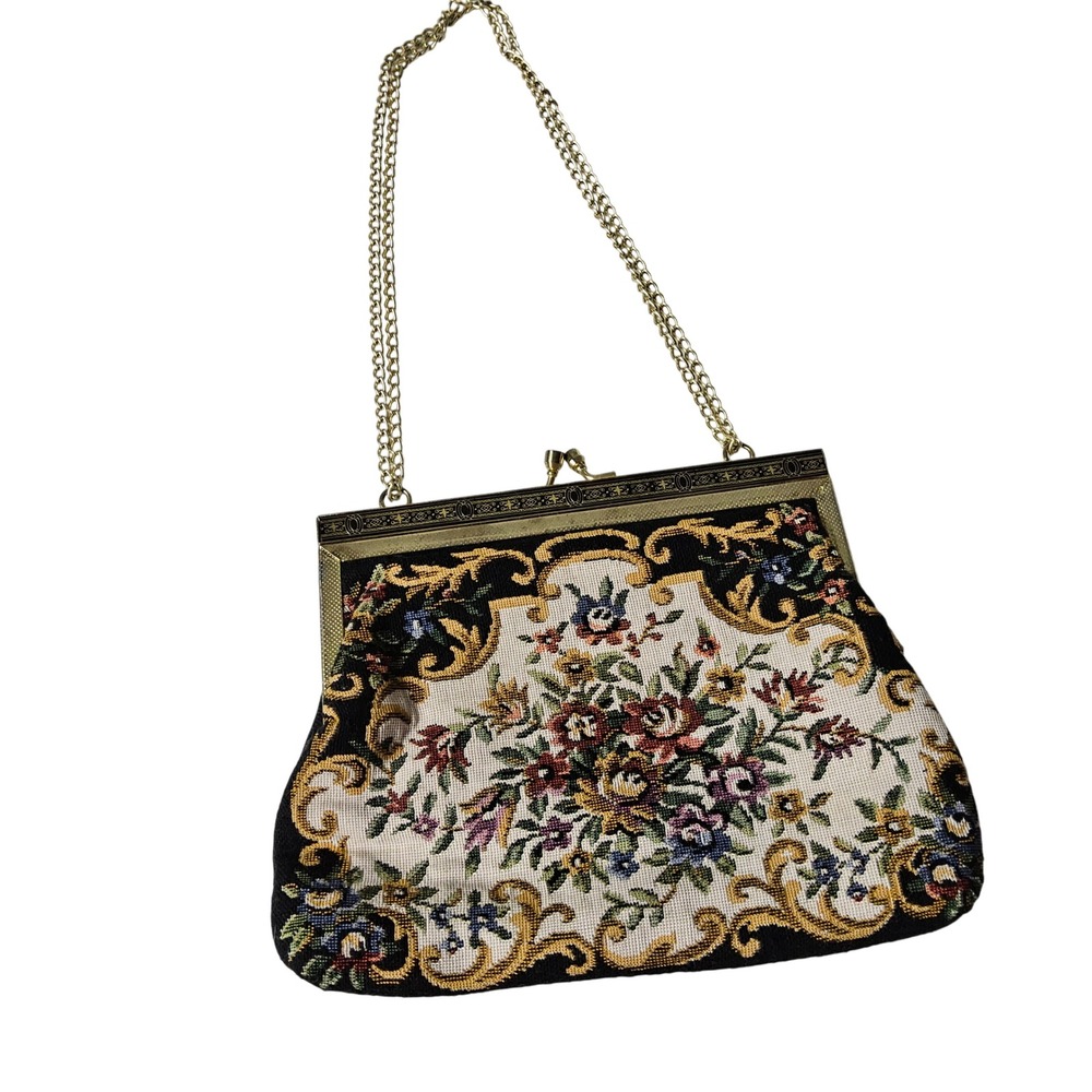 Vintage‎ Floral Tapestry Handbag Gold Chain Purse Evening Bag Made In China